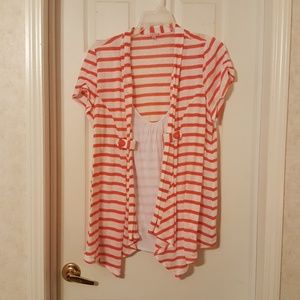 White blouse with red strips.